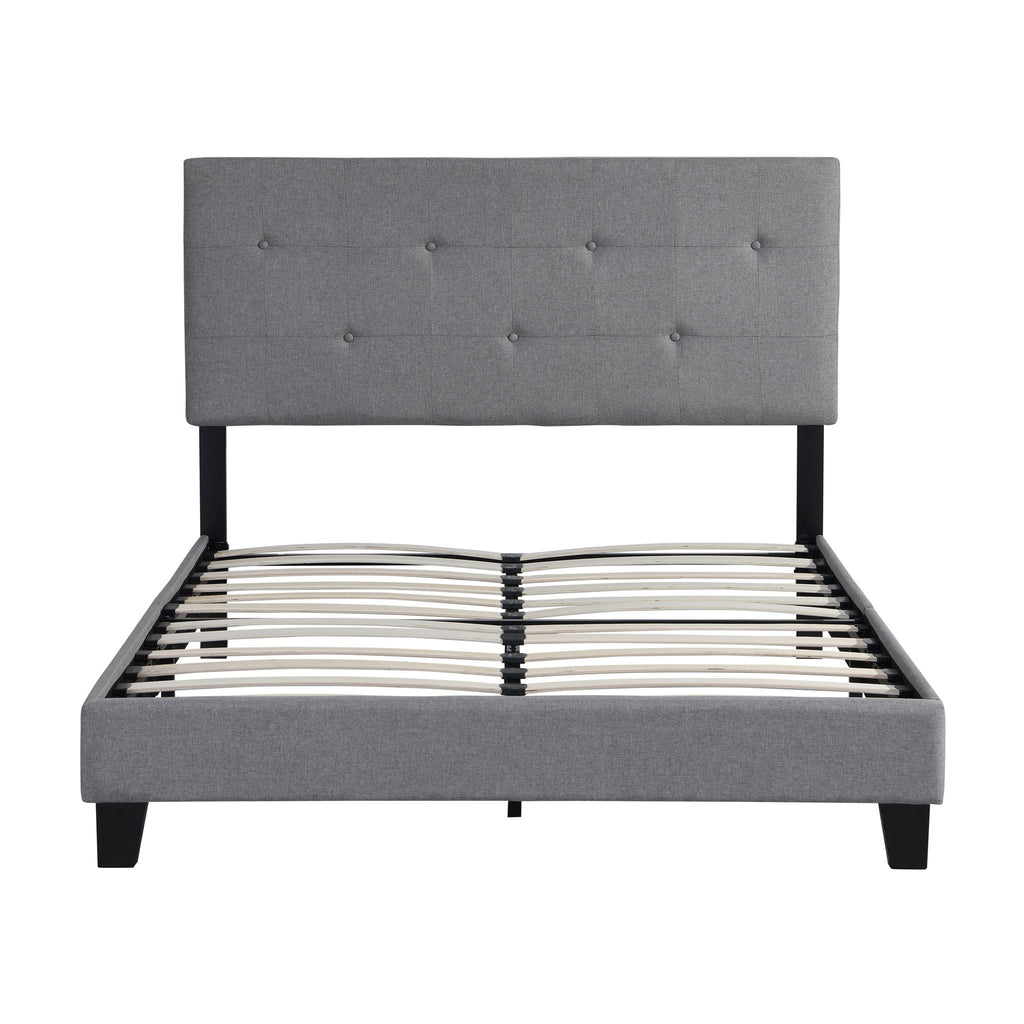 Full Size Upholstered Platform Bed Frame with Button Tufted Linen Headboard - Gray