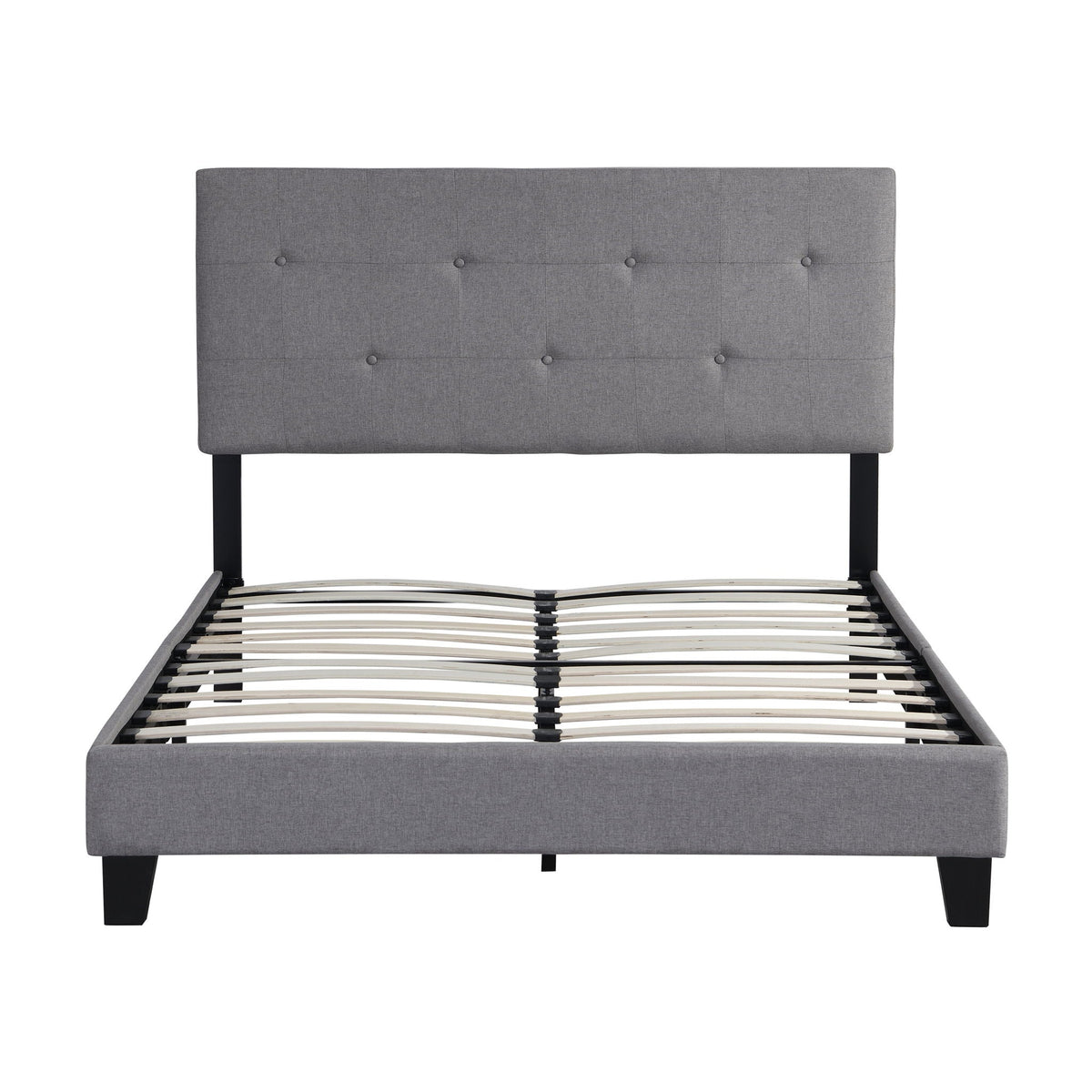 Full Size Upholstered Platform Bed Frame with Button Tufted Linen Headboard - Gray