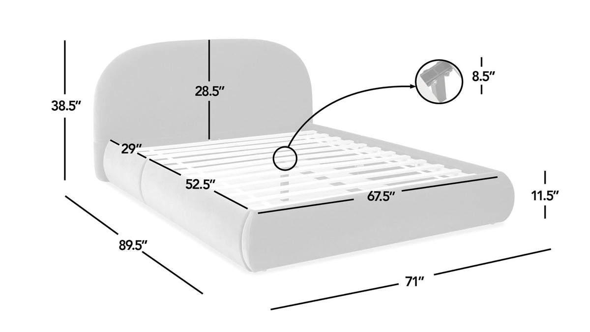 Archie Puffy Grounded Upholstered Platform Bed with Rounded Headboard - Green, White, Beige
