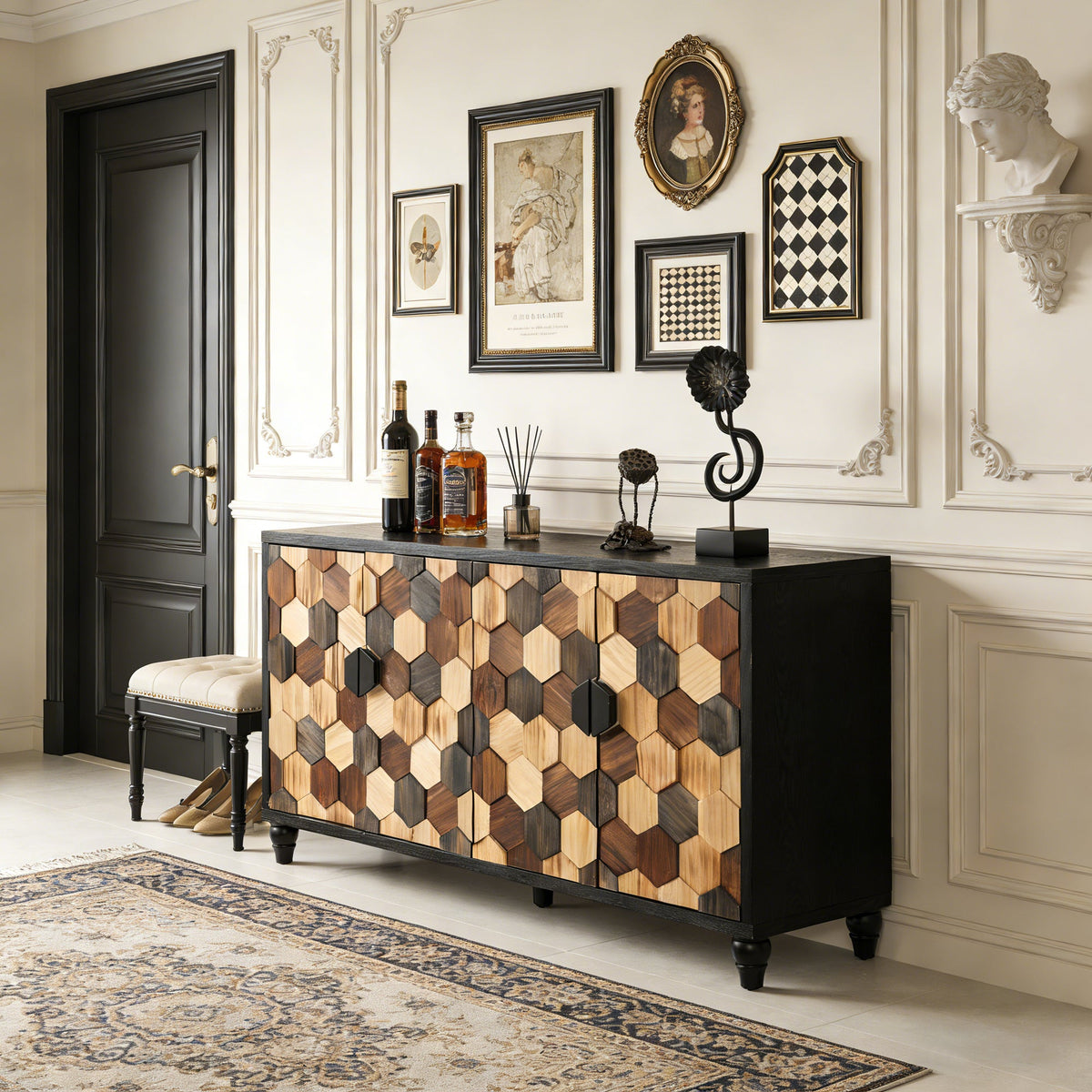 Distressed Storage Cabinet with Honeycomb Pattern - Engineered Wood