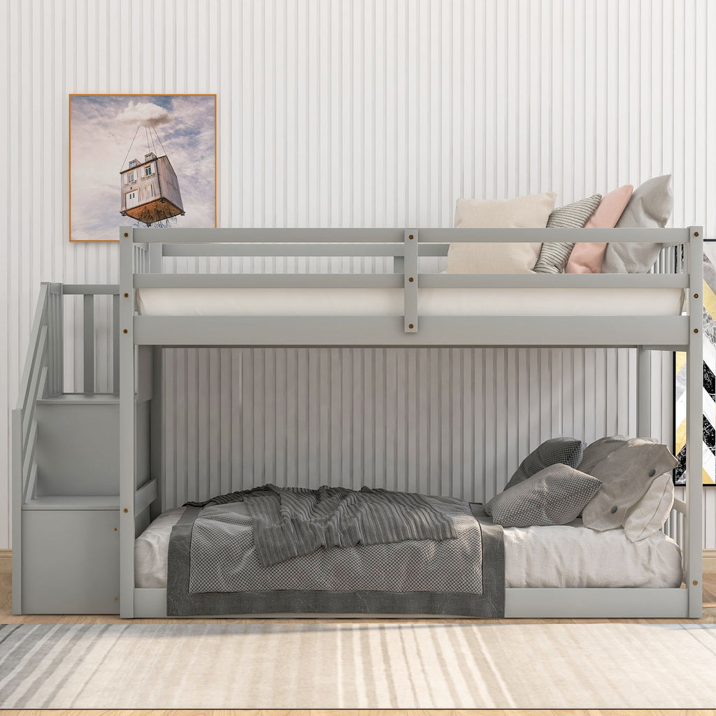 Twin Over Twin Floor Bunk Bed with Ladder Storage - White or Dark Gray