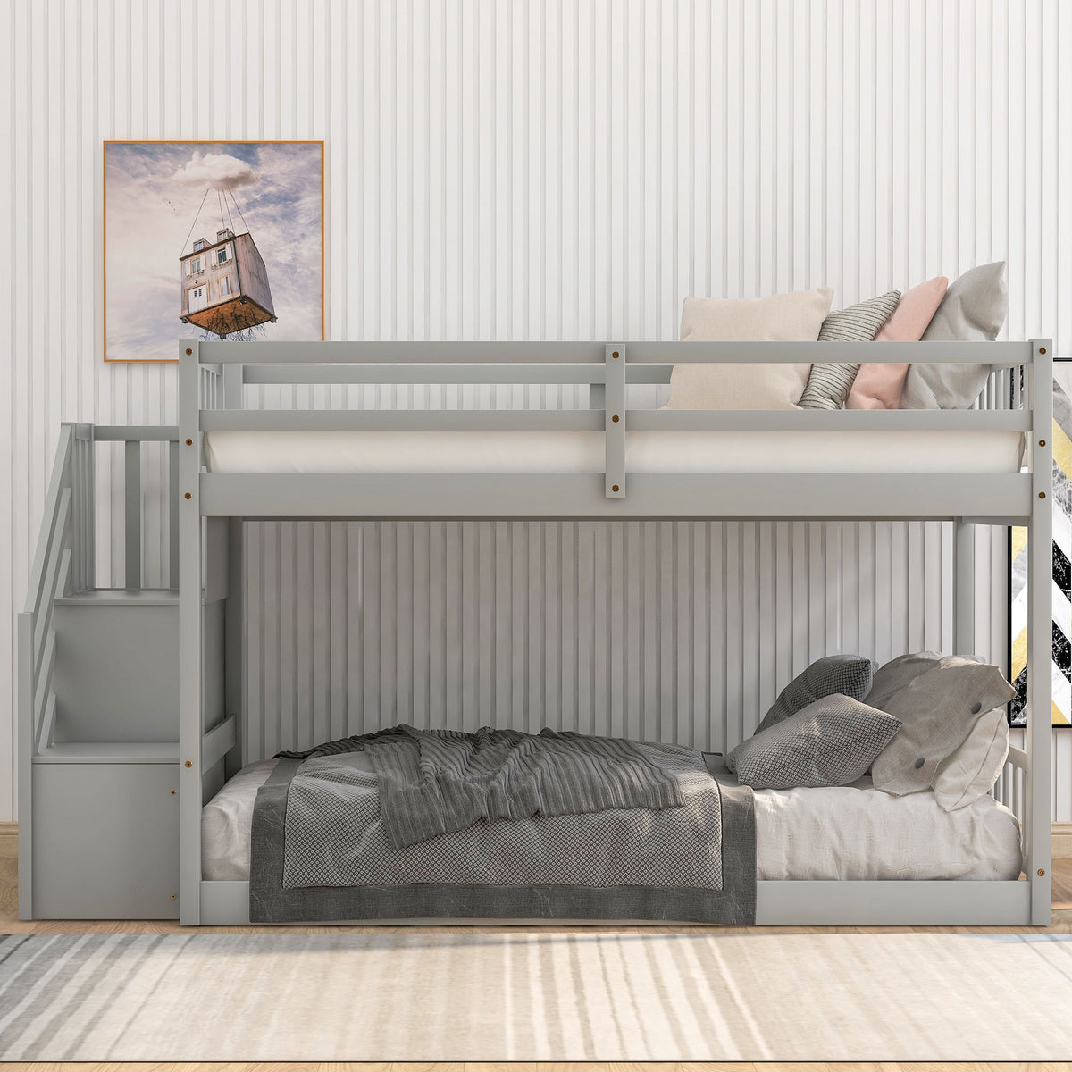 Twin Over Twin Floor Bunk Bed with Ladder Storage - White or Dark Gray