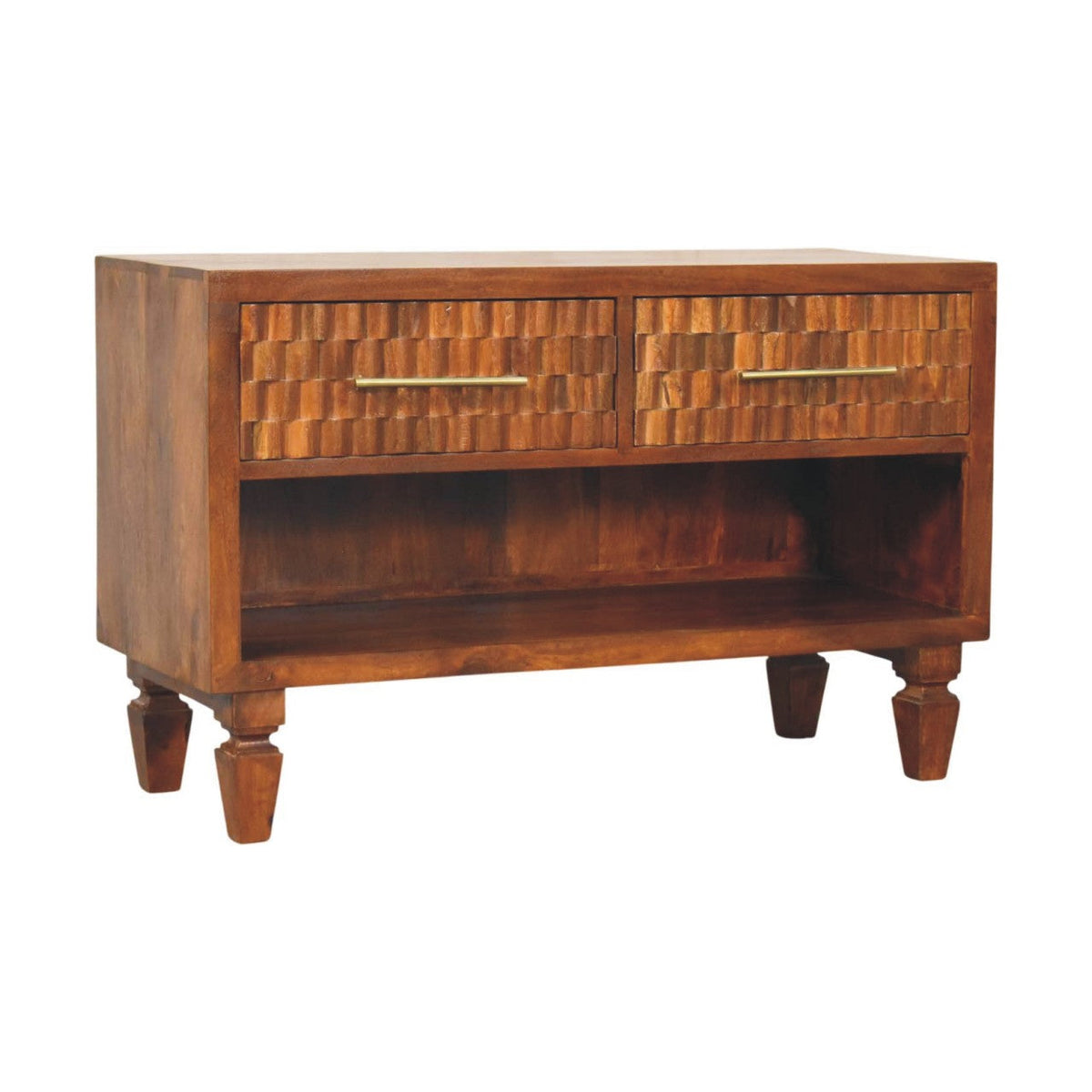 Solid Wood Cadiz Carved Shoe Bench with Open Storage Shelf - Chestnut