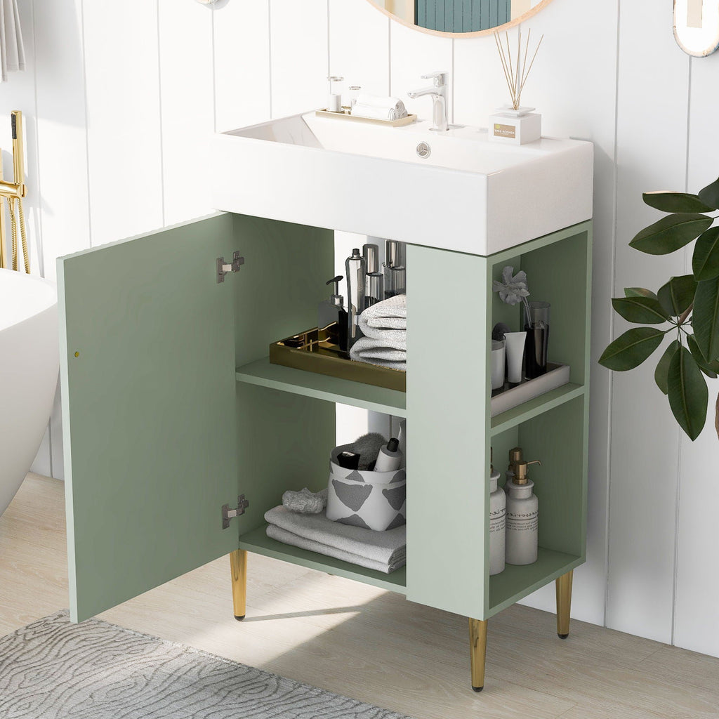 Bathroom Vanity with Single Ceramic Sink and Side Storage - Multiple Colors
