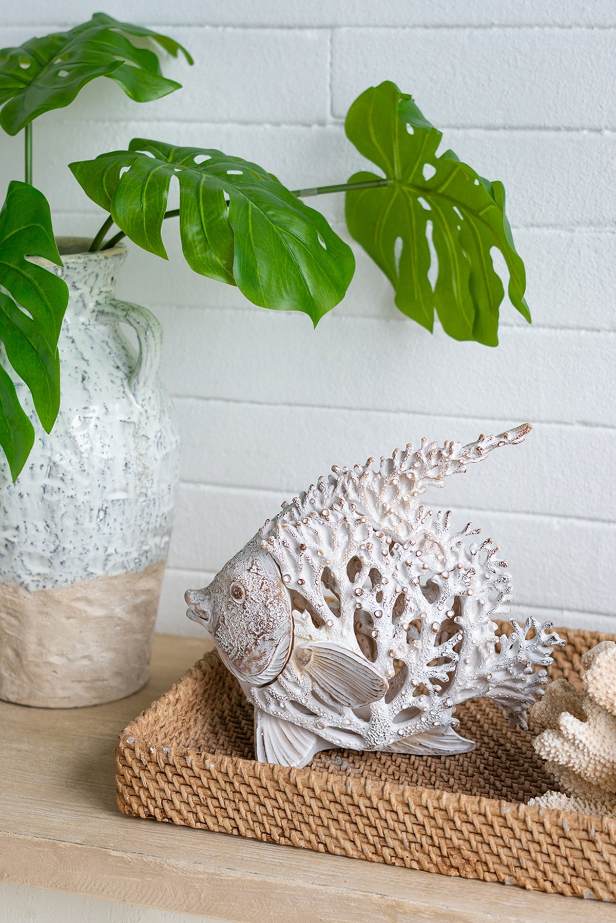 Decorative Polyresin Angelfish Sculpture with Coral Texture - White