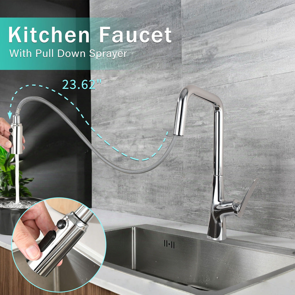 Professional Kitchen Faucet with 3-Function 360 Sprayer - Black or Pearl Silver