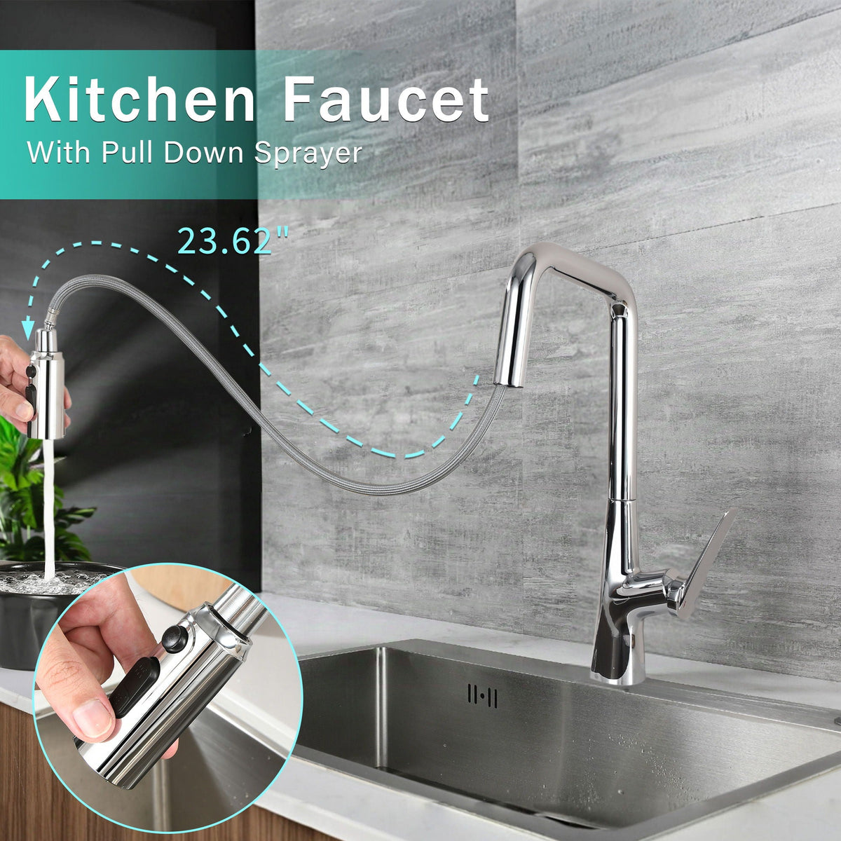 Professional Kitchen Faucet with 3-Function 360 Sprayer - Black or Pearl Silver