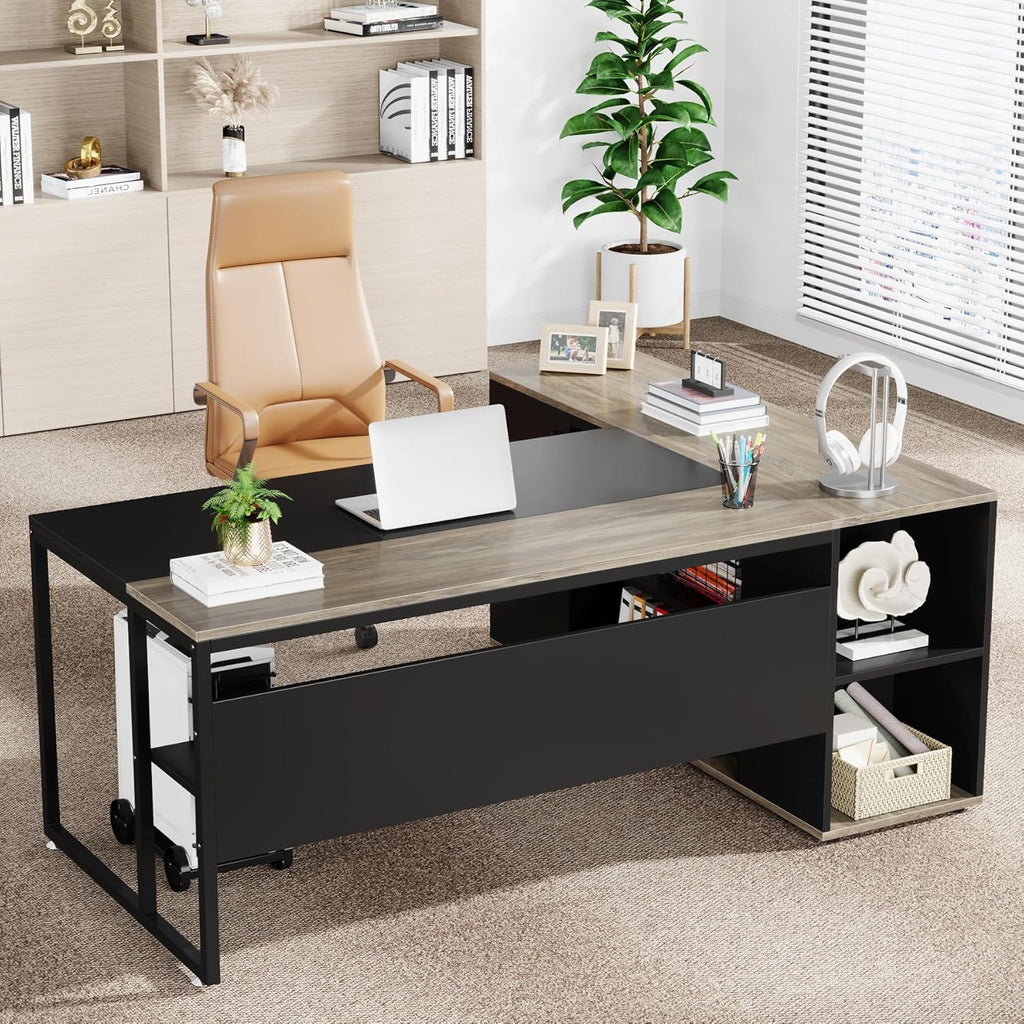 L-Shaped Executive Desk with Cabinet Storage - Dark Gray or Black