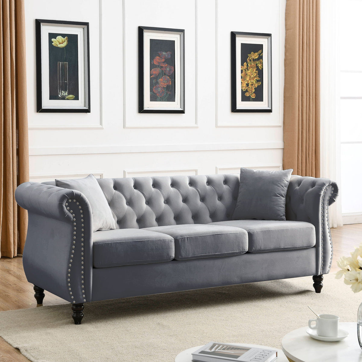 Chesterfield Sofa with Rolled Arms and Nailhead Trim – Solid Wood Frame