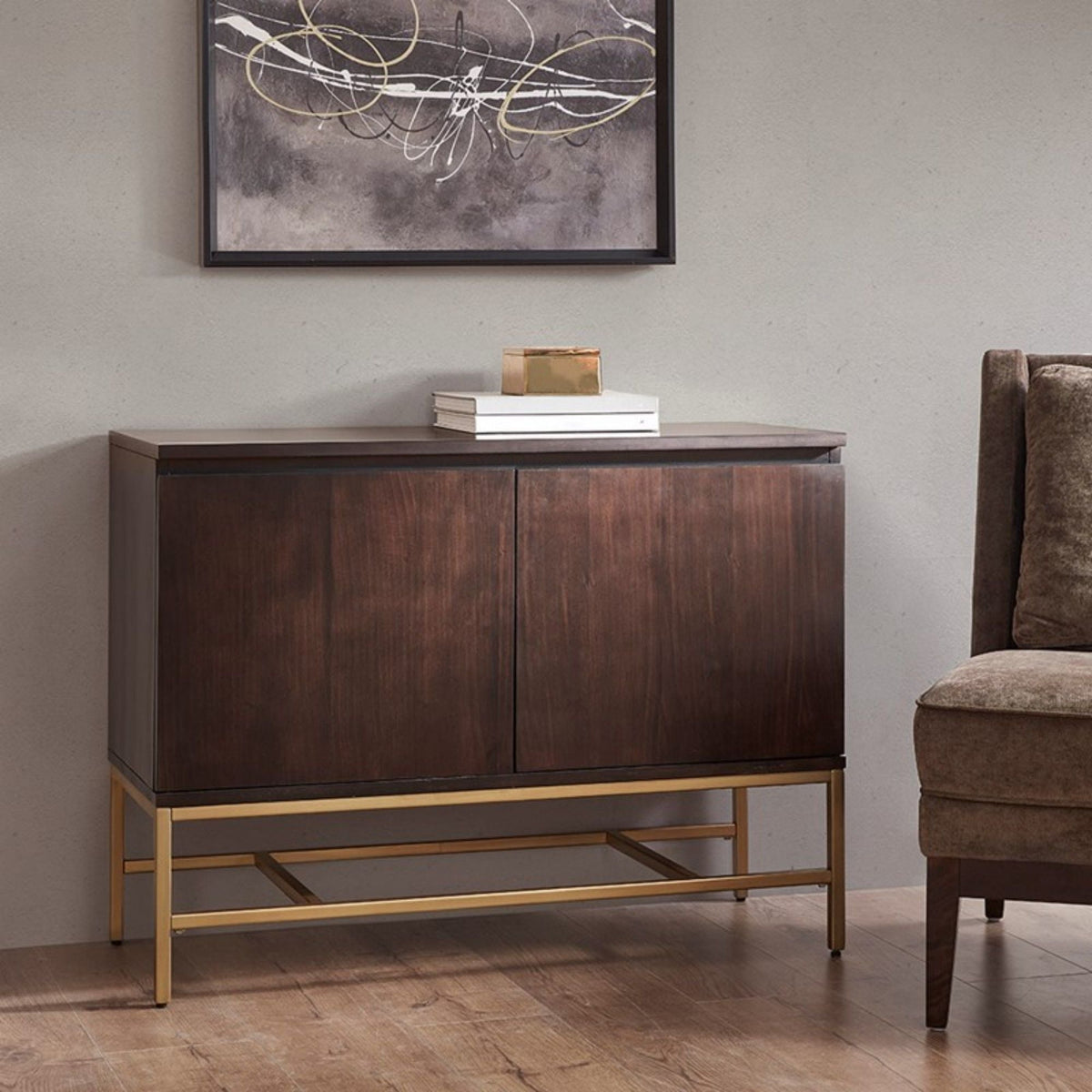 Morocco Gold Accent Cabinet with Storage and Gold Metal Base