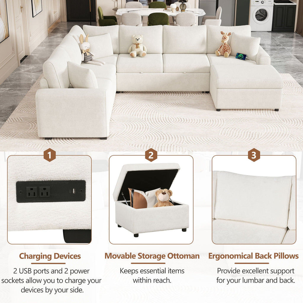 Sleeper Sectional Sofa with Storage Ottoman and USB Charging - White or Dark Gray