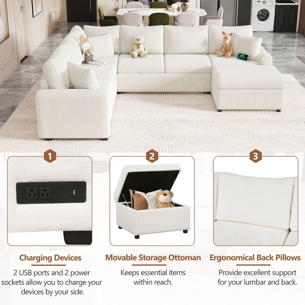 Sleeper Sectional Sofa with Storage Ottoman and USB Charging - White or Dark Gray