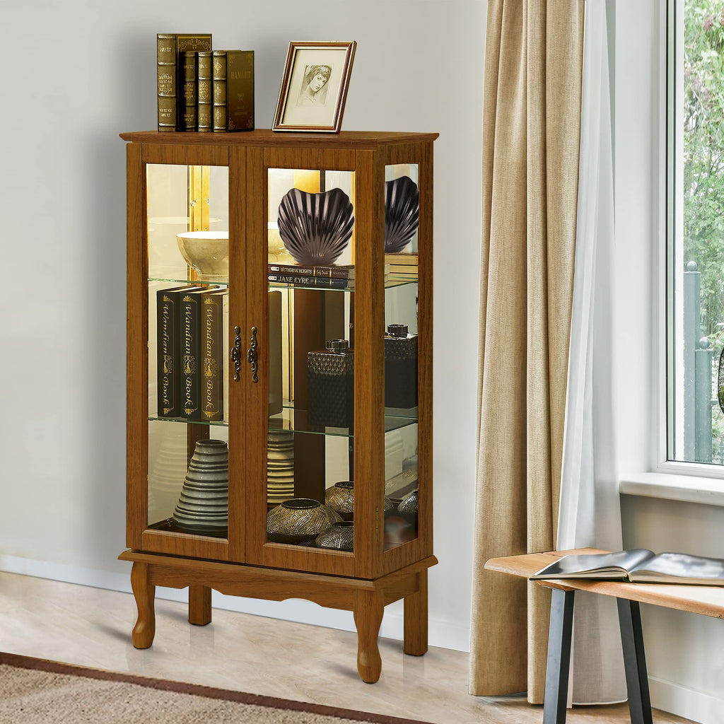 Lighted Curio Display Cabinet with Adjustable Shelves - Light Brown, Dark Brown, Dark Red