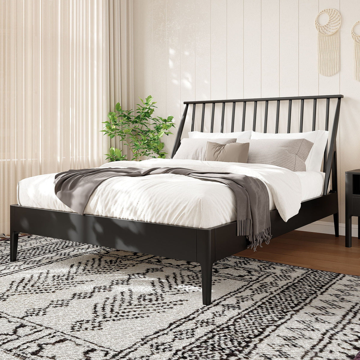 Bohemian Platform Bed with Tall Headboard - Dark Brown or Black