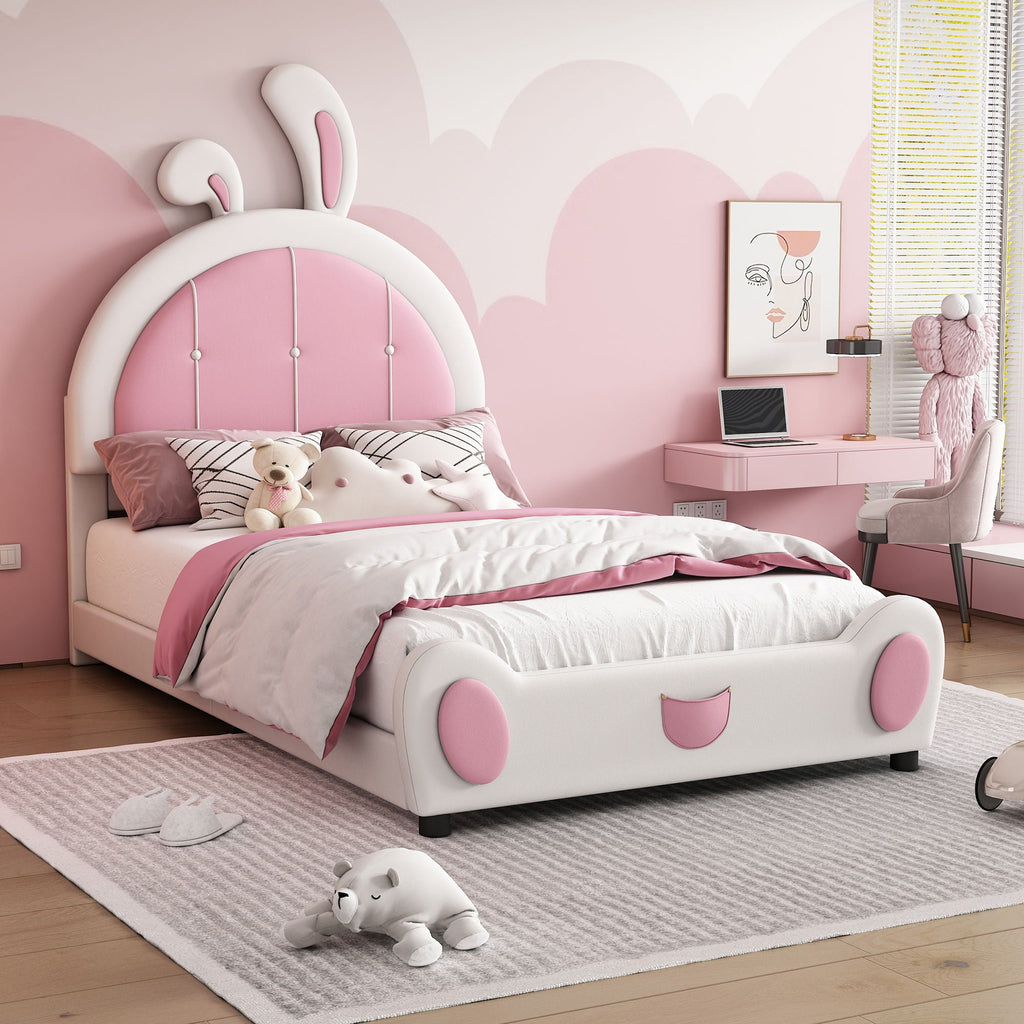 Upholstered Platform Bed with Rabbit Shaped Headboard - Twin, White
