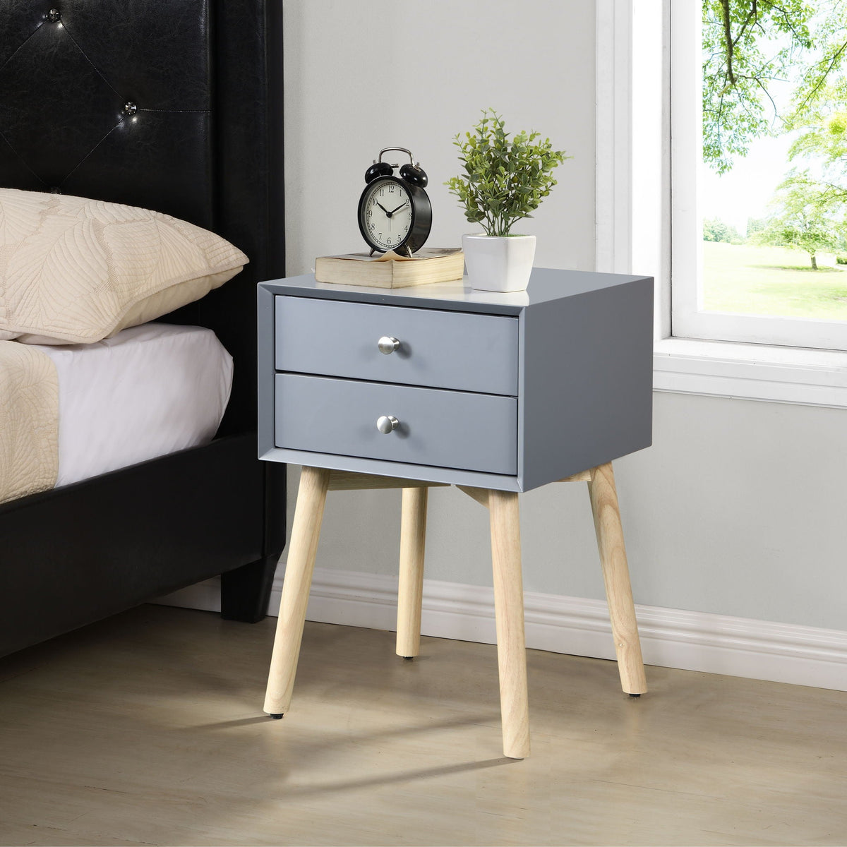 Mid-Century Modern 2-Drawer Accent Nightstand with Rubber Wood Legs – Dark Gray or Black