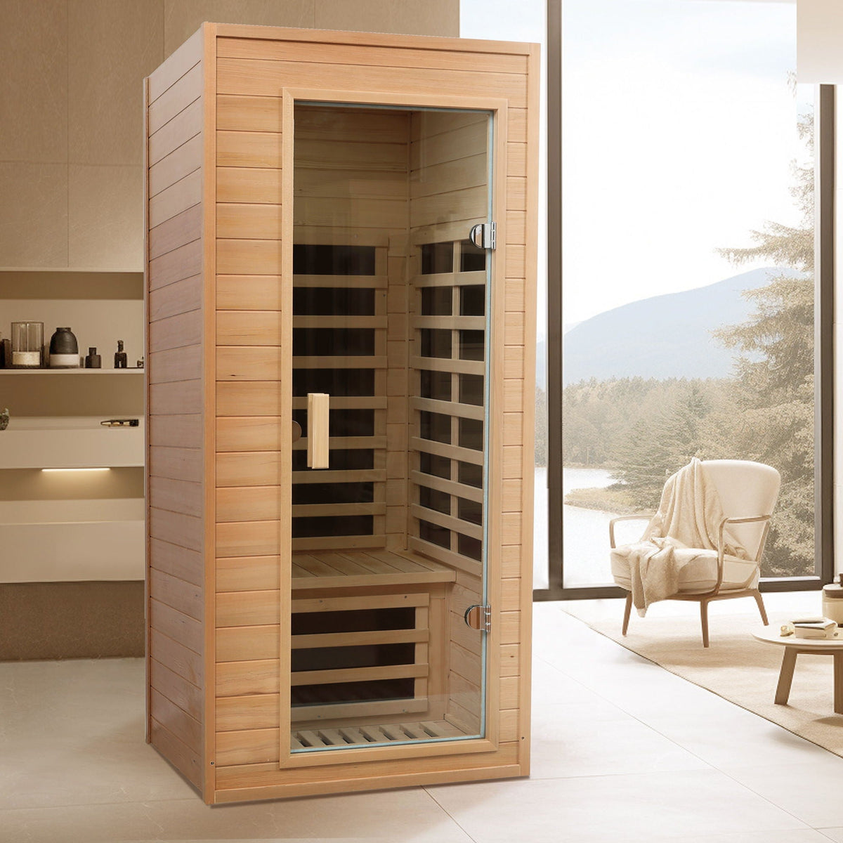 Hemlock Far Infrared Roof Embedded Indoor Sauna Room with LCD Controls - Light Brown