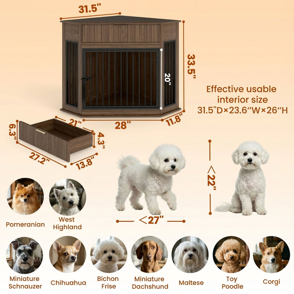 Corner Dog Crate with Fluted Drawer - White or Dark Brown