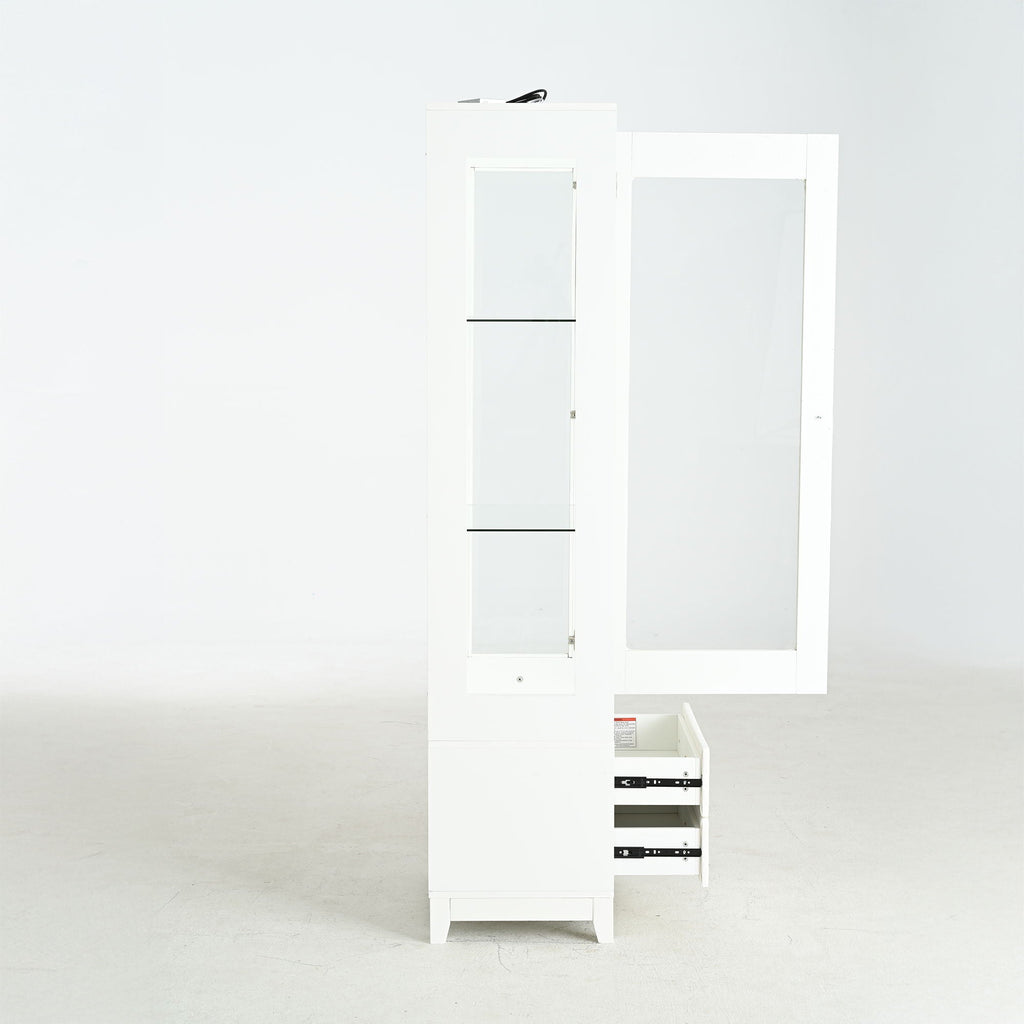 Modern Upholstered Glass Display Cabinet with Adjustable LED Light - White