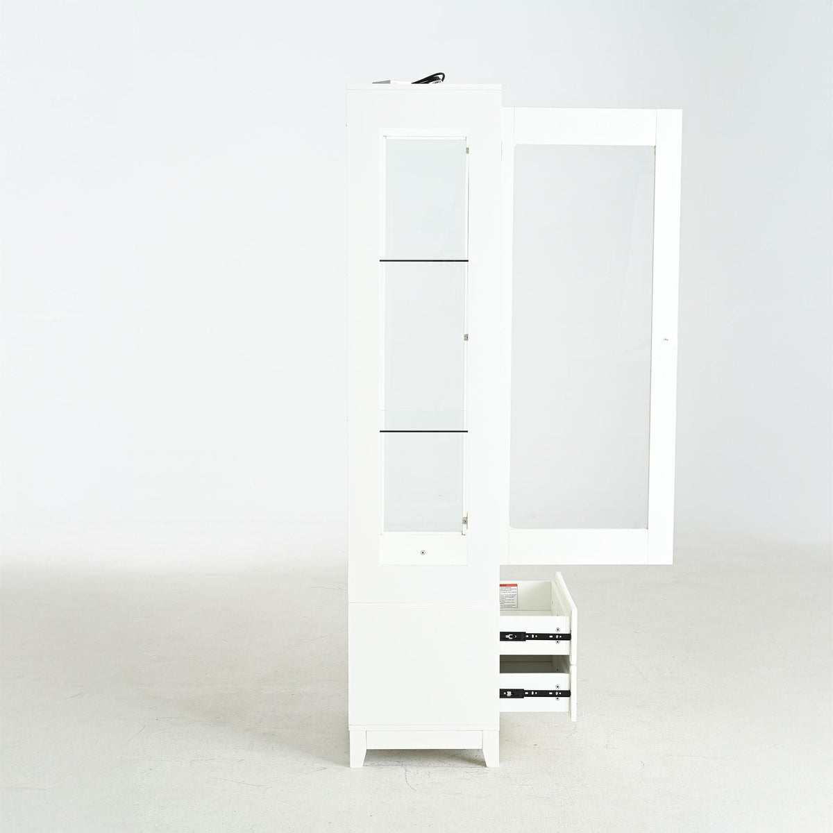 Modern Upholstered Glass Display Cabinet with Adjustable LED Light - White