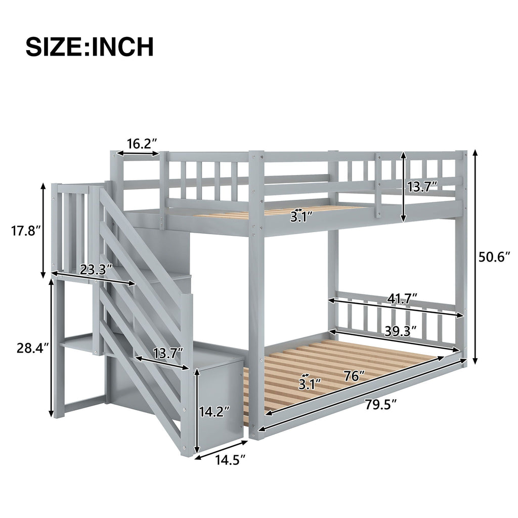 Twin Over Twin Floor Bunk Bed with Ladder Storage - White or Dark Gray