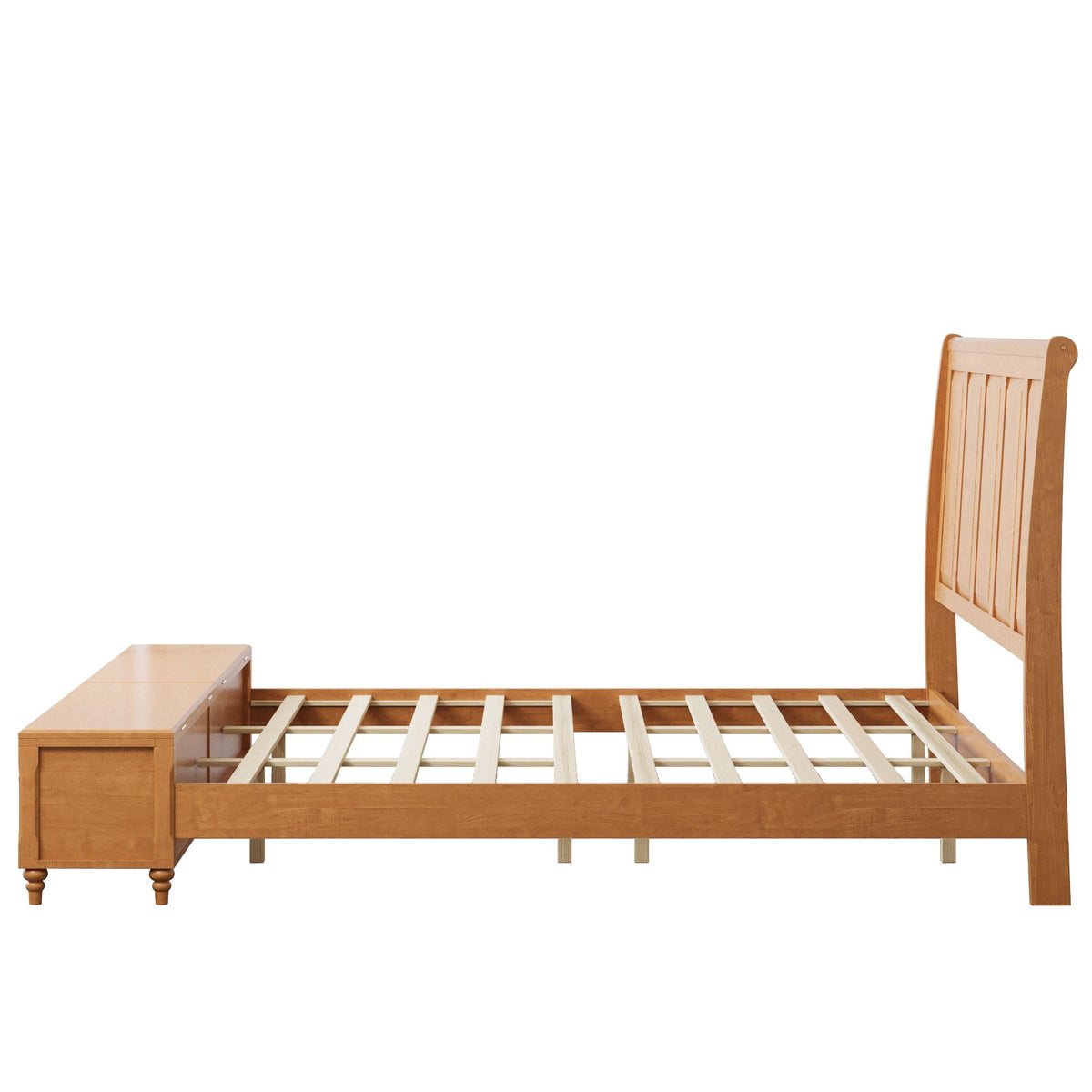 Sleigh Bed Frame with Tall Headboard and Storage Bench - Dark or Light Brown