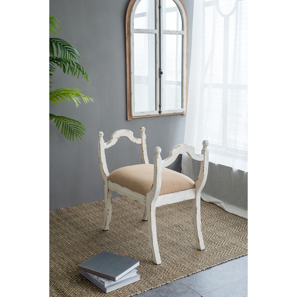 Farmhouse Vanity Bench with Padded Seat - Beige and White