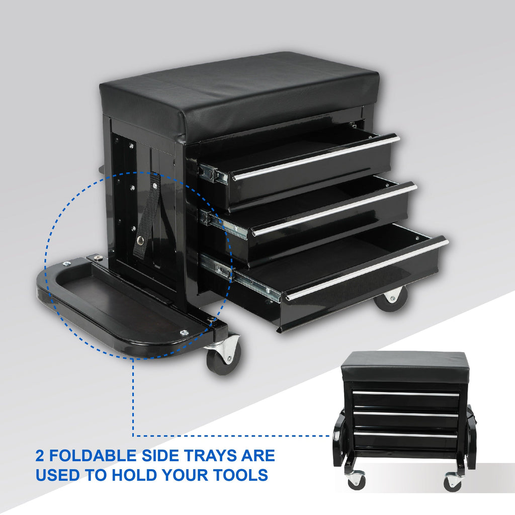 3-Drawer Tool Chest Rolling Mechanic Seat with Tool Trays - Steel