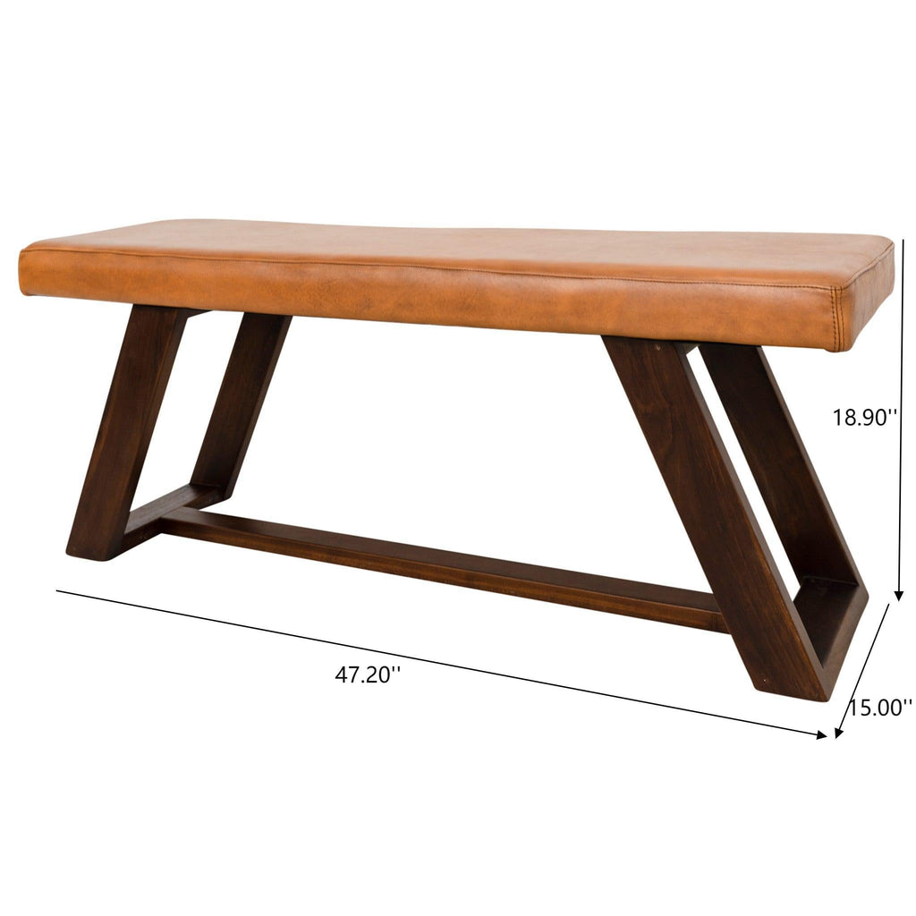 Light Brown Upholstered Bench with Hand Stitching - Genuine Material