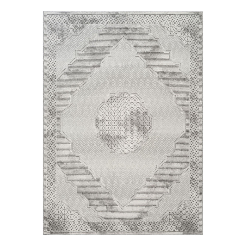 Medallion Area Rug with Geometric 3D Effect - Ivory / Gray