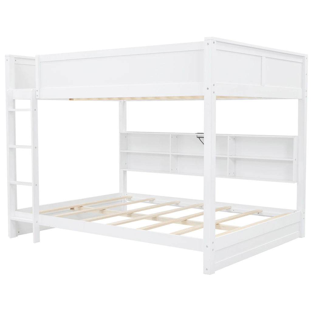 Queen Bunk Bed with Storage Cabinets and USB Ports - Dark Brown or White