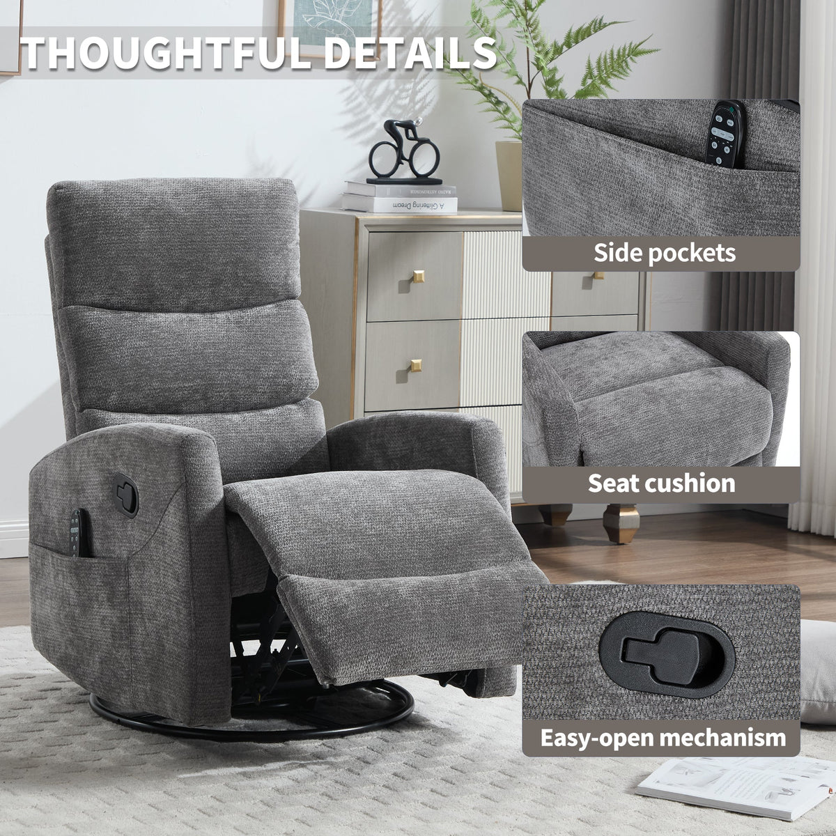 Heat Massage Recliner Chair with Cord-Free Lumbar Heat - Grey