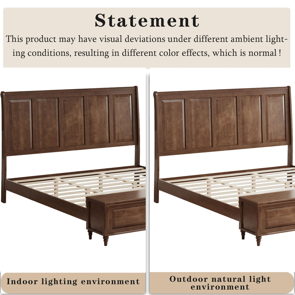 Sleigh Bed Frame with Tall Headboard and Storage Bench - Dark or Light Brown