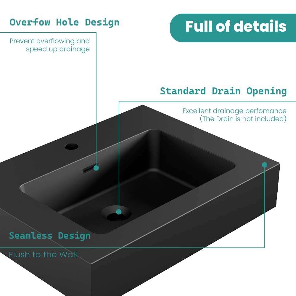 Matte Black Integrated Solid Surface Bathroom Basin with Overflow