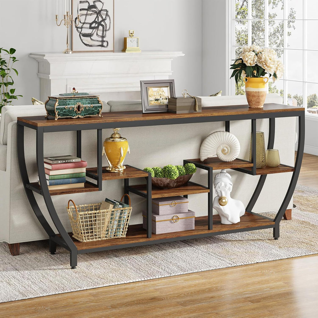 Extra Long Entryway Console Sofa Table with 7 Tier Shelves - Brown / Black