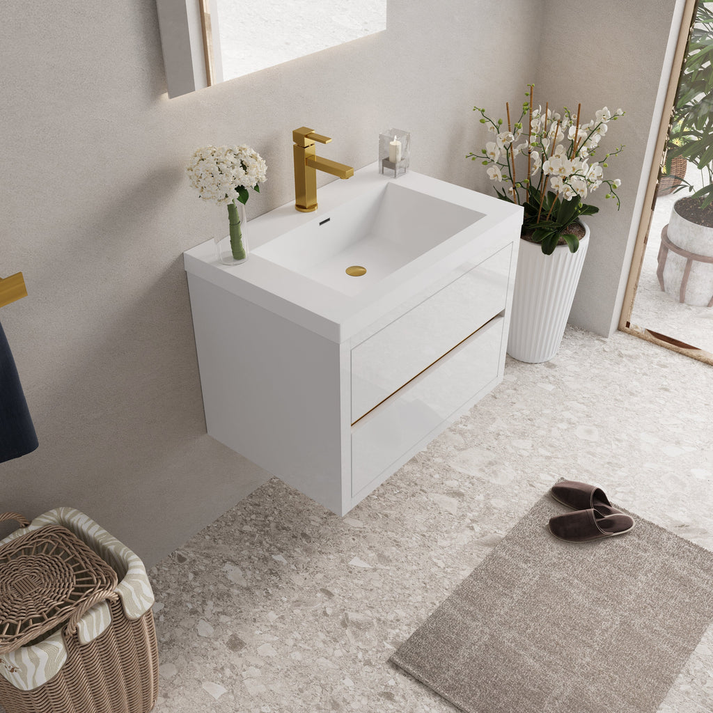 30" Wall-Mounted Bathroom Vanity with Stone Resin Countertop - Glossy Finish