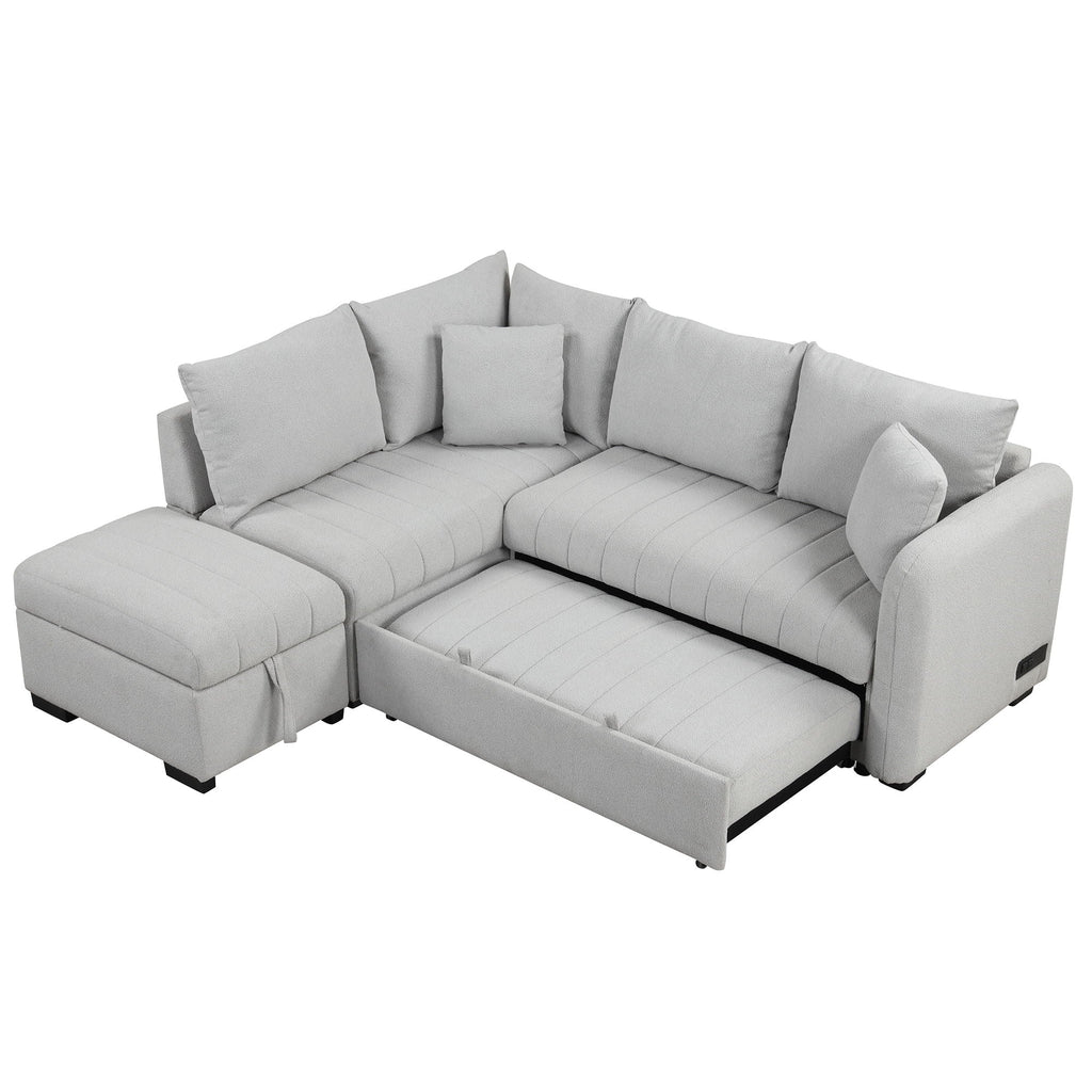 L-Shaped Sleeper Sectional with Pull-Out Bed and Storage Ottoman - Gray or Beige