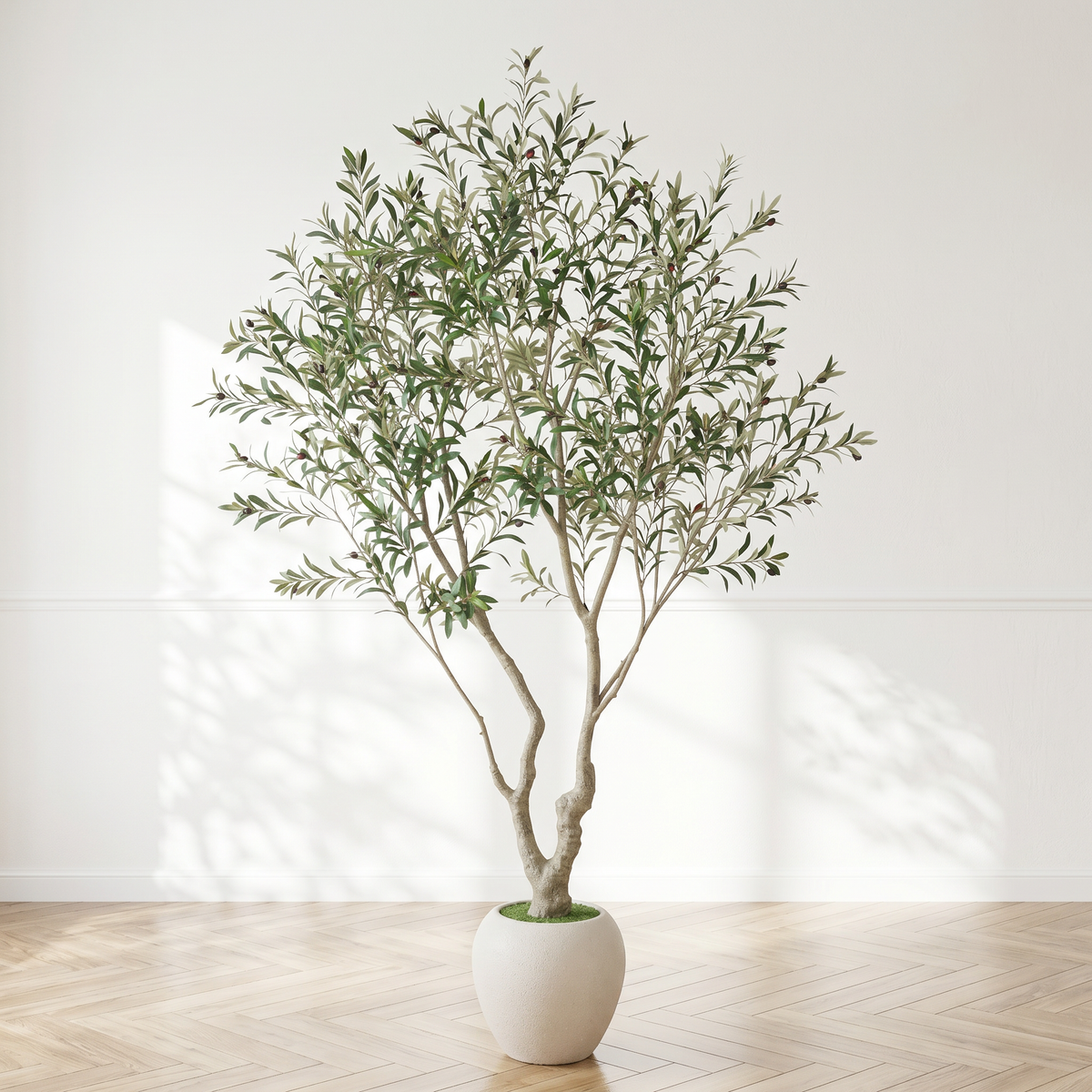 8FT Artificial Olive Tree with Decorative White Planter - Green Leaves