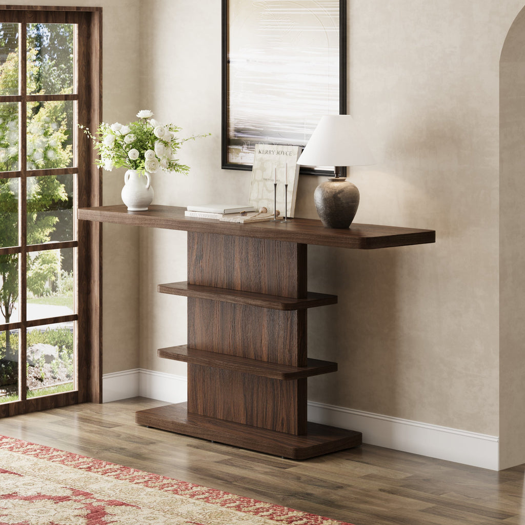Vintage Narrow Console Table with 2 Tier Open Storage Shelves - Solid Wood Finish