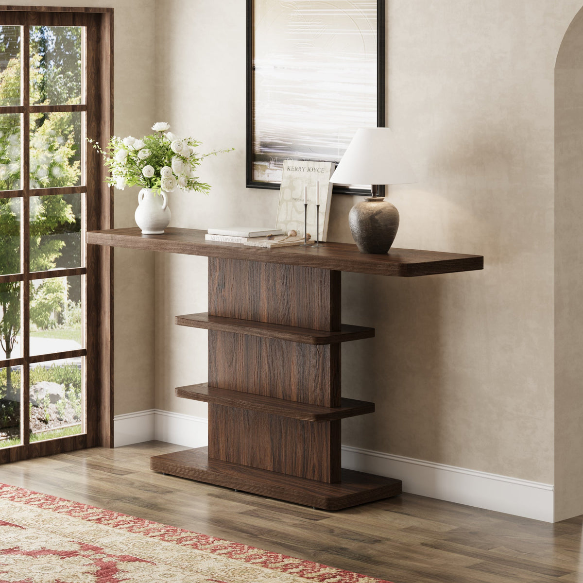 Vintage Narrow Console Table with 2 Tier Open Storage Shelves - Solid Wood Finish