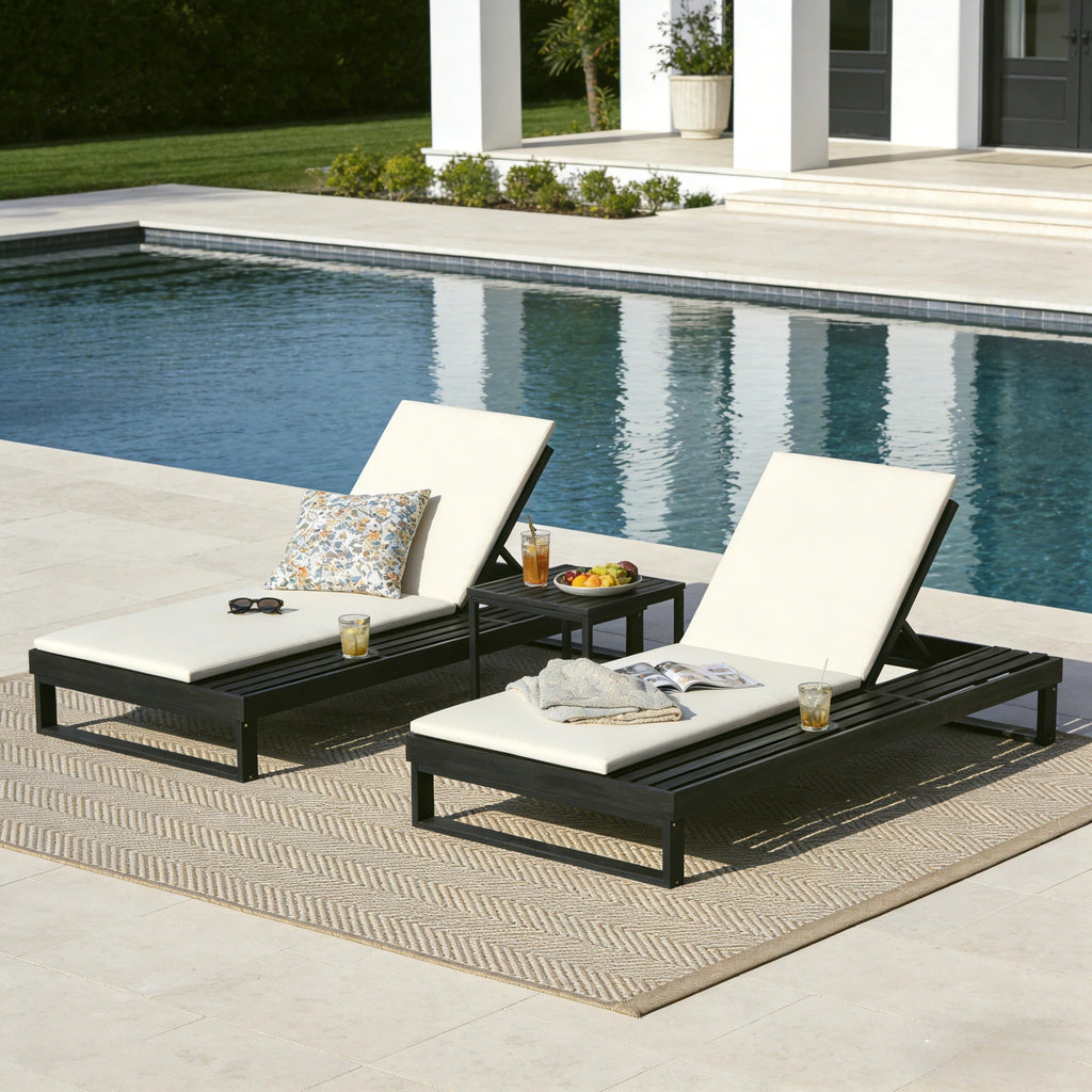 Black Acacia Wood Chaise Lounge with Cushions – Black