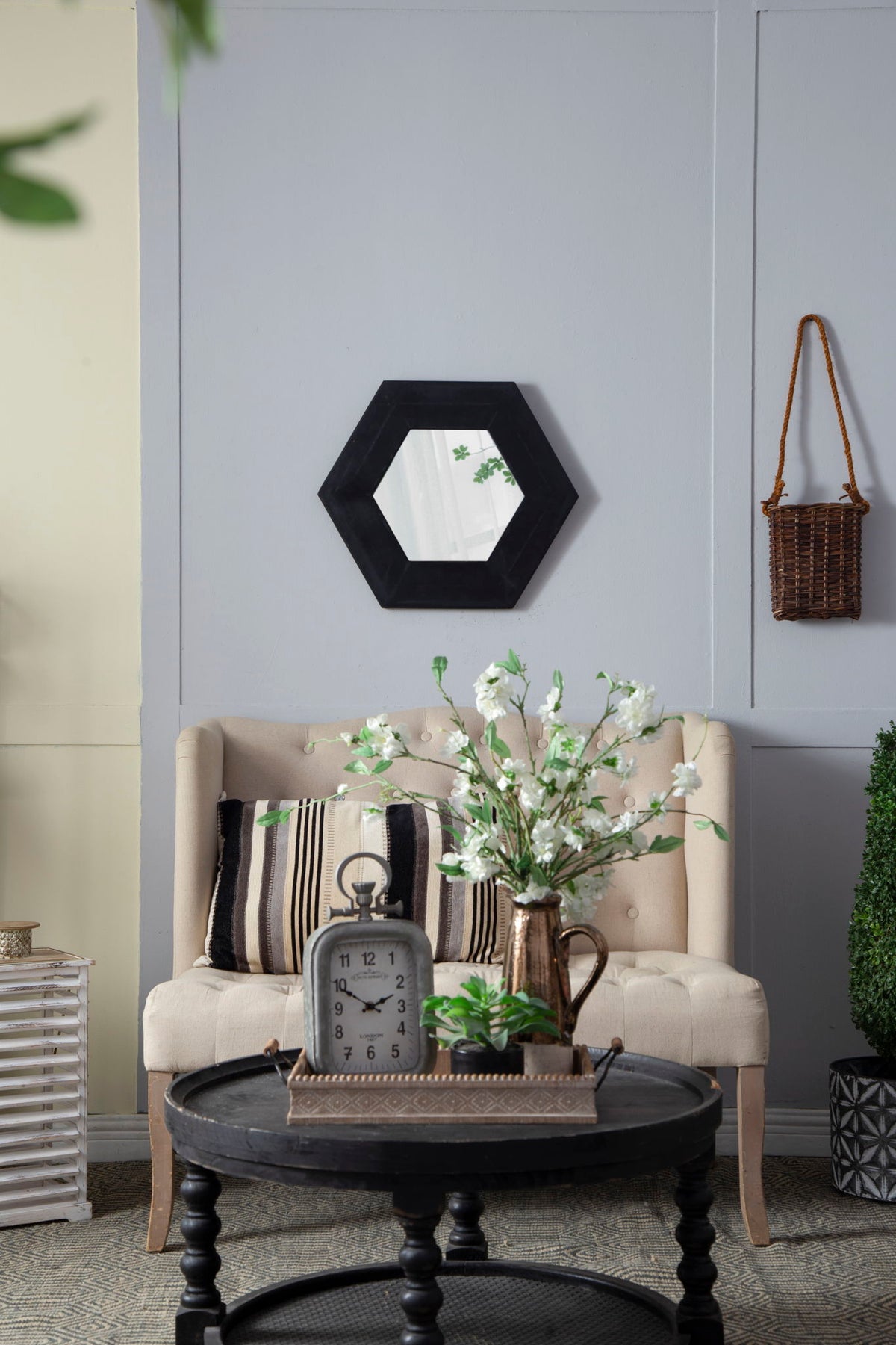 Hexagon Accent Mirror with Solid Teak Wood Frame - Light Brown, Dark Brown, Black