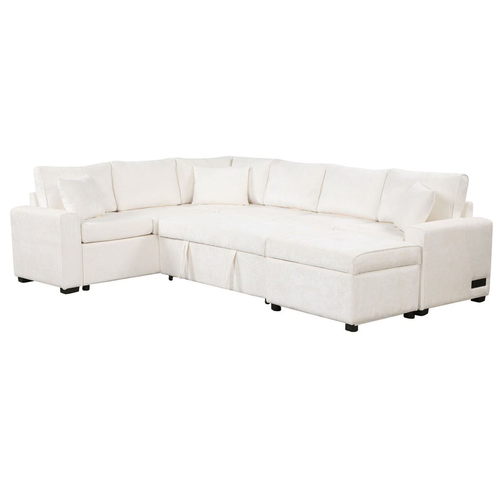 Sleeper Sectional Sofa with Storage Ottoman and USB Charging - White or Dark Gray