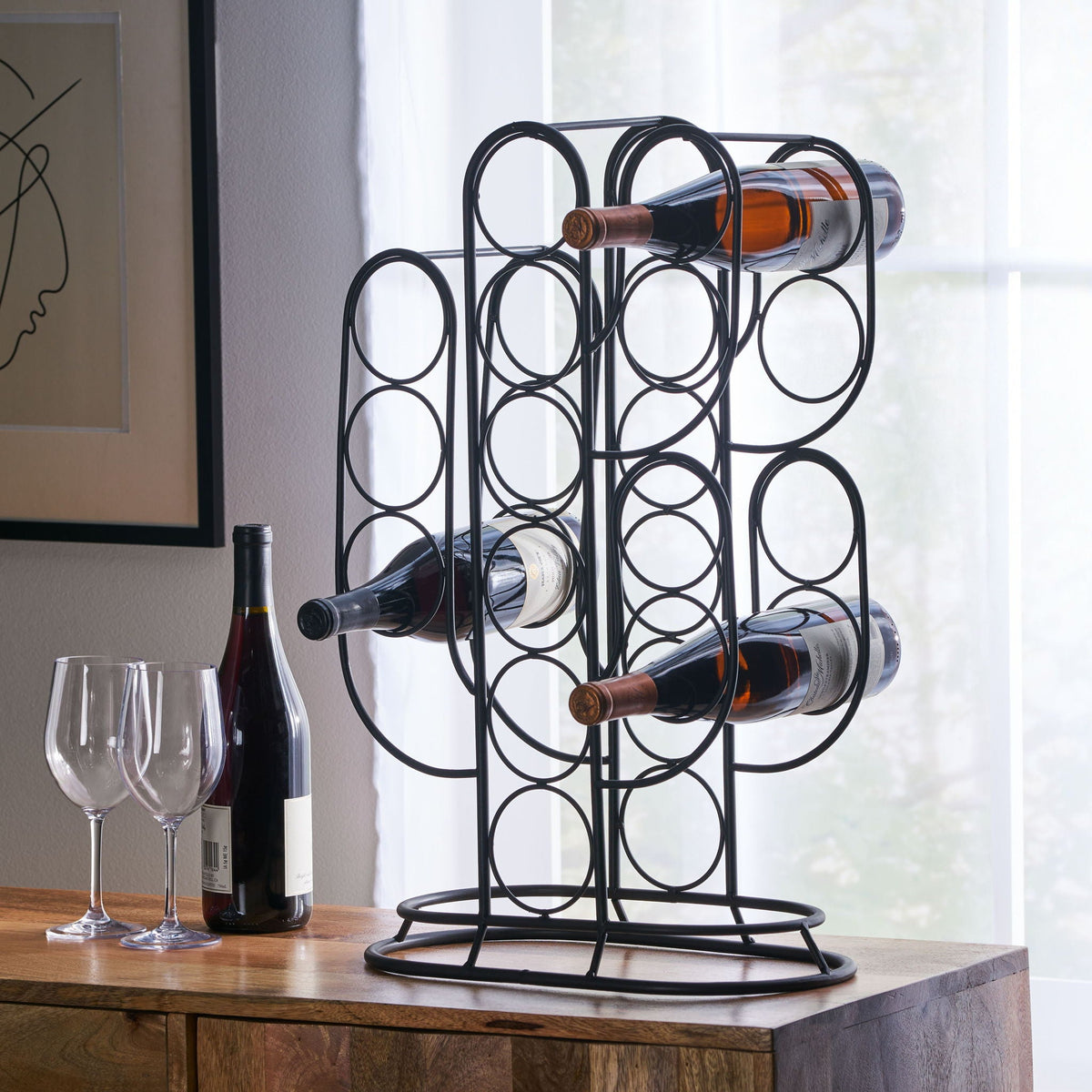Black Wine Rack with Cactus Design - 13 Bottle Capacity