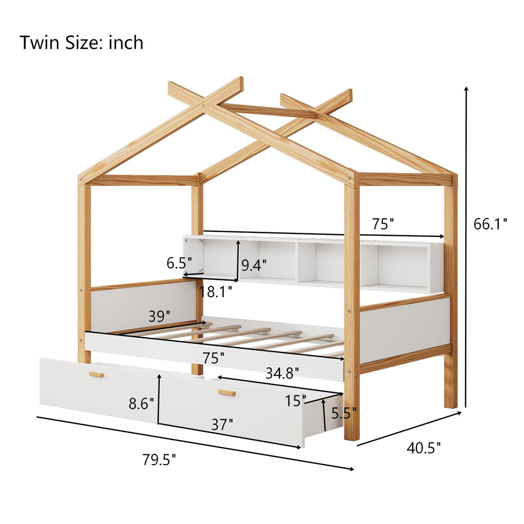 House Bed With Bookshelf Storage and Integrated Shelves - White