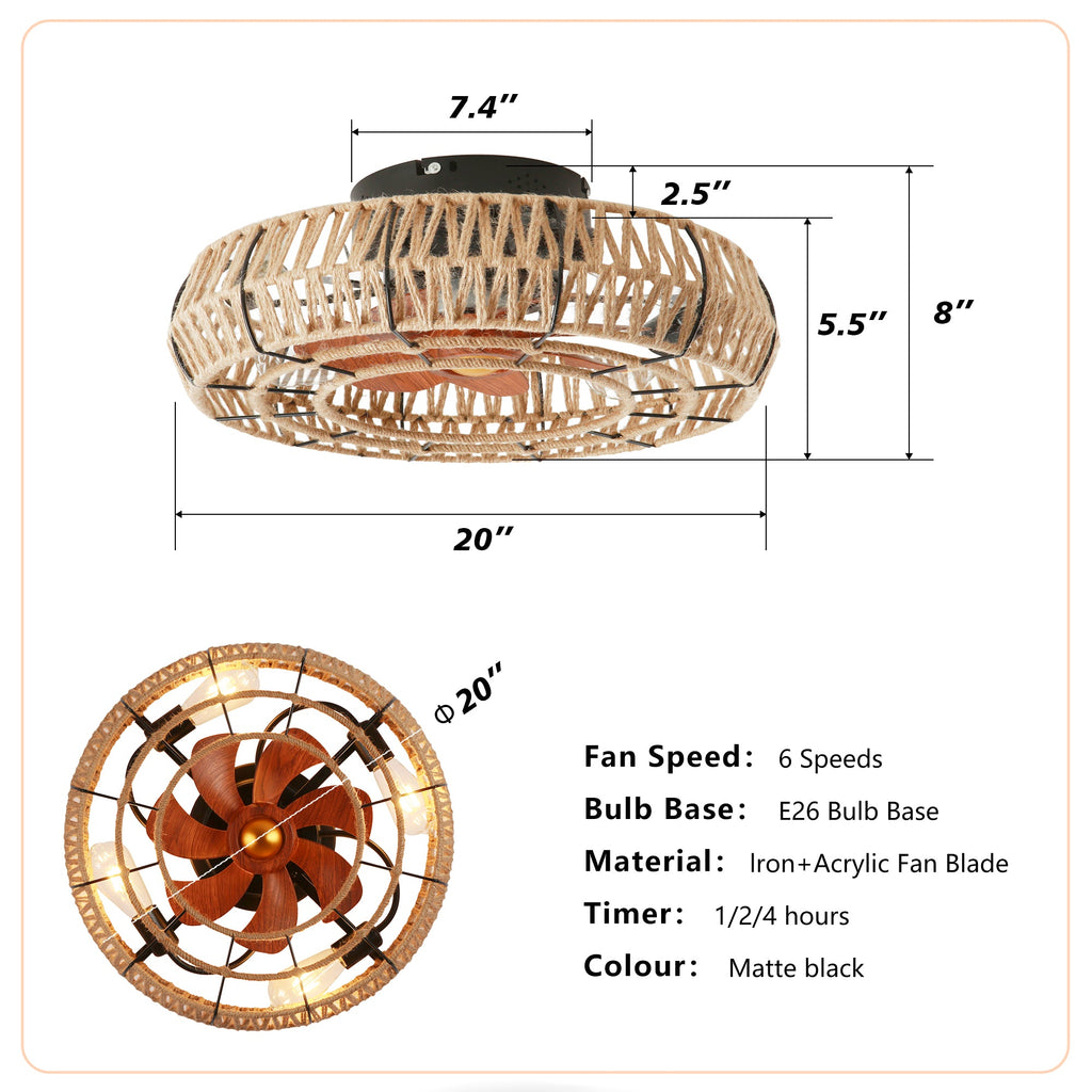 20" Rope Caged Flush Mount Ceiling Fan with Light Kit and Remote - Matte Black
