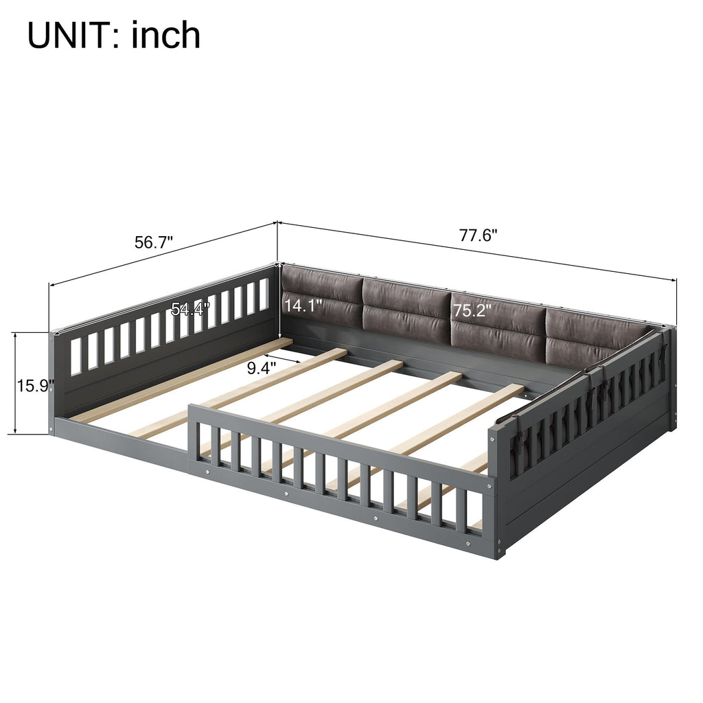 Upholstered Platform Bed with Guardrail and Pillow - Dark Gray
