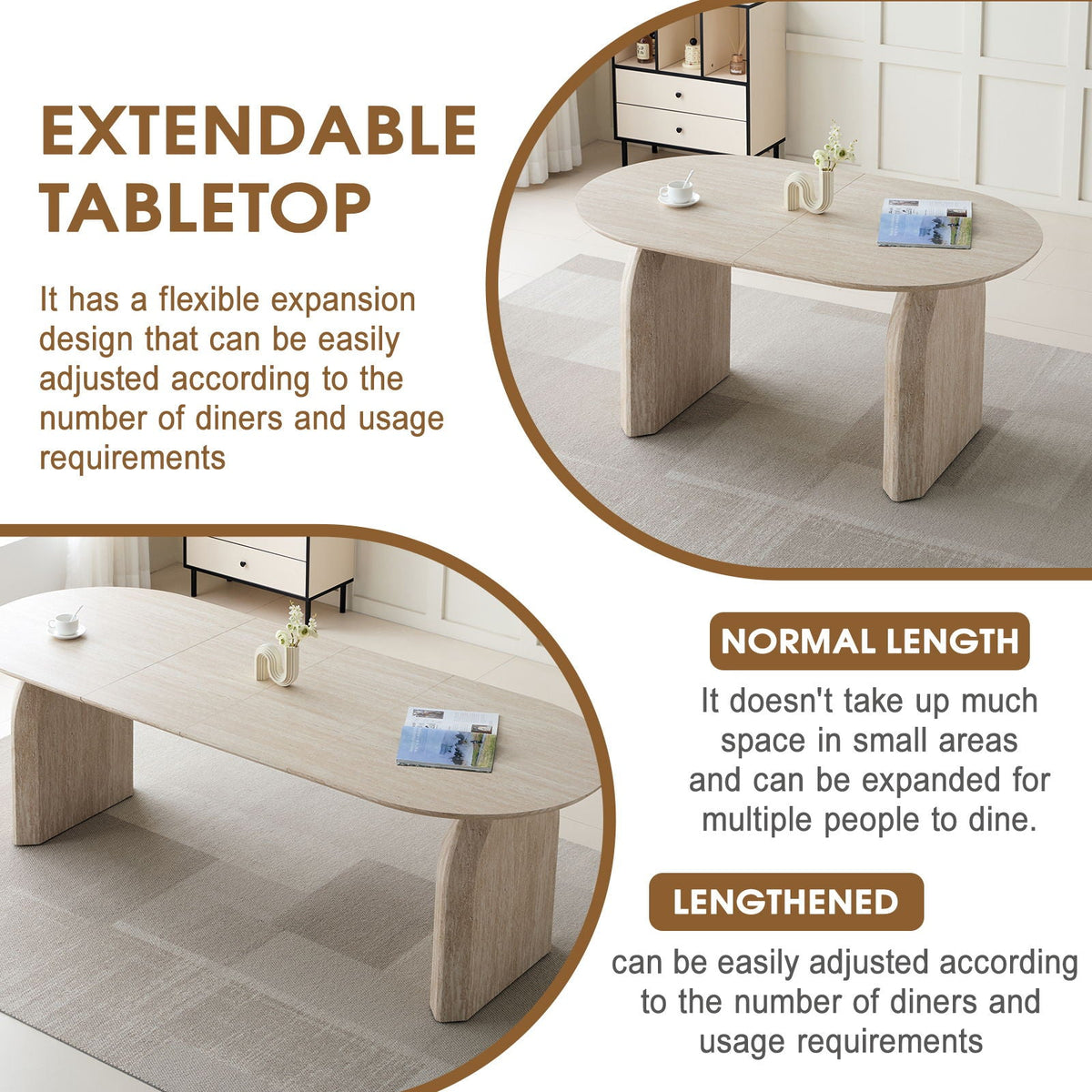 Oval Extendable Dining Table with Dual Pillar Design - Off White