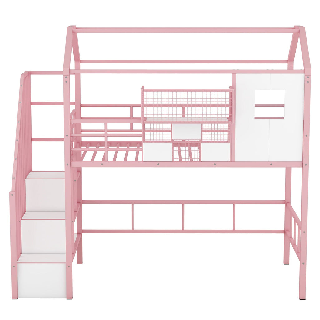 Metal Loft Bed With Roof Design and Storage Box with Guardrails and Integrated Ladder - Twin