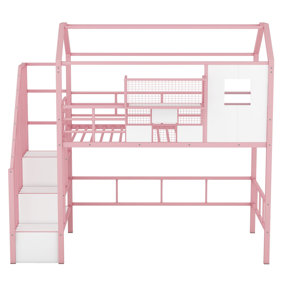 Metal Loft Bed With Roof Design and Storage Box with Guardrails and Integrated Ladder - Twin